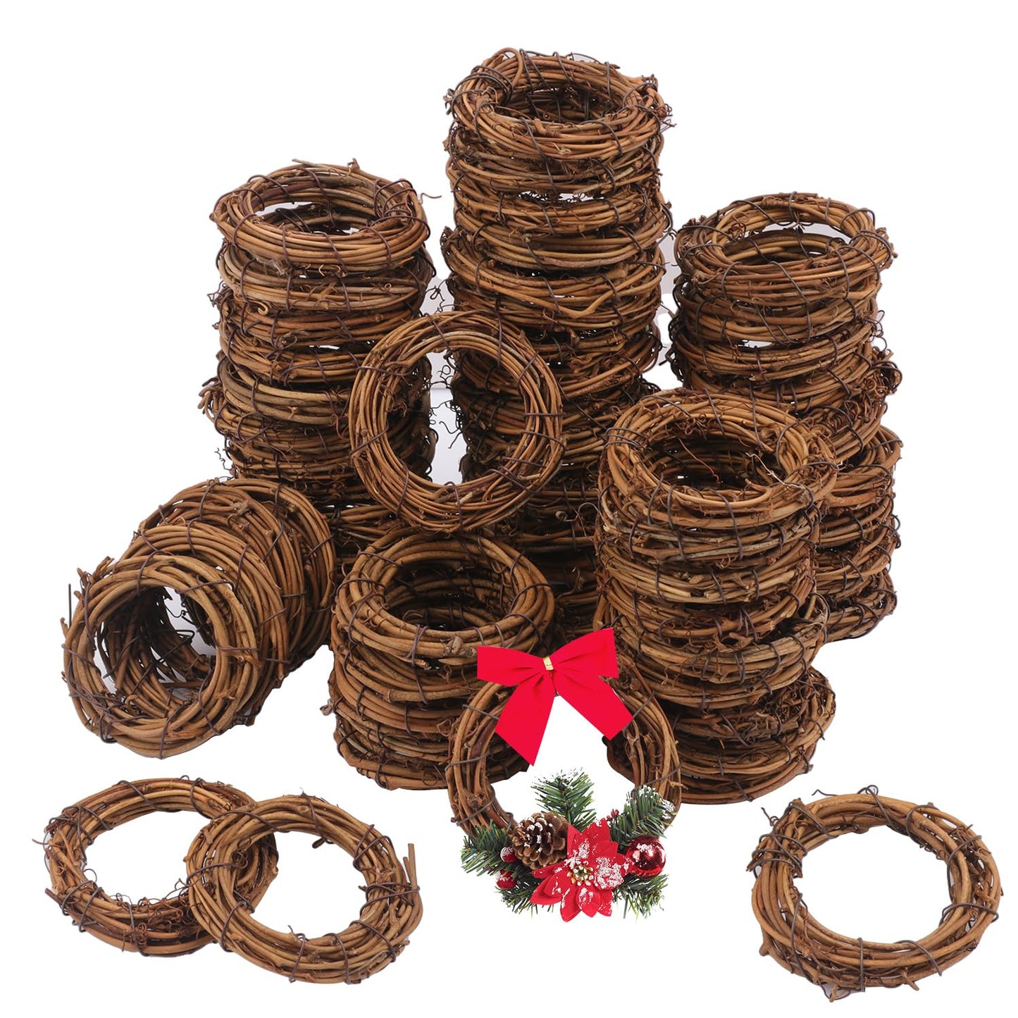 Yiksonyo 70 Pcs 2.4 Inch Natural Grapevine Wreath Set, Natural Rattan Wreath,Hand-Woven 2.4 Inch Vine Branch Wreaths, Perfect for DIY Crafts, Christmas Decorations, and Wedding Supplies