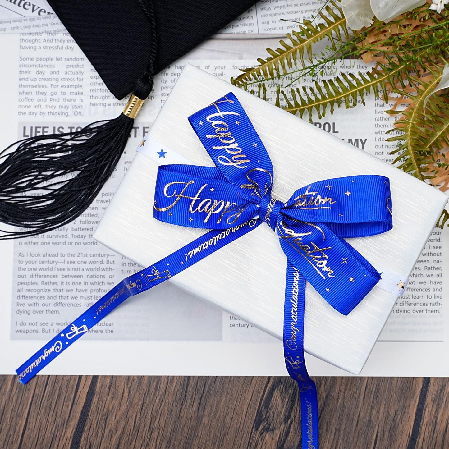 LaRibbons Graduation Ribbon 4 Rolls 1" and 3/8" 20 Yards TTL, Blue and White Gold Congrats Grad Satin Grosgrain Ribbon for Gift Wrapping Class of 2026 Grad Party Lei Making