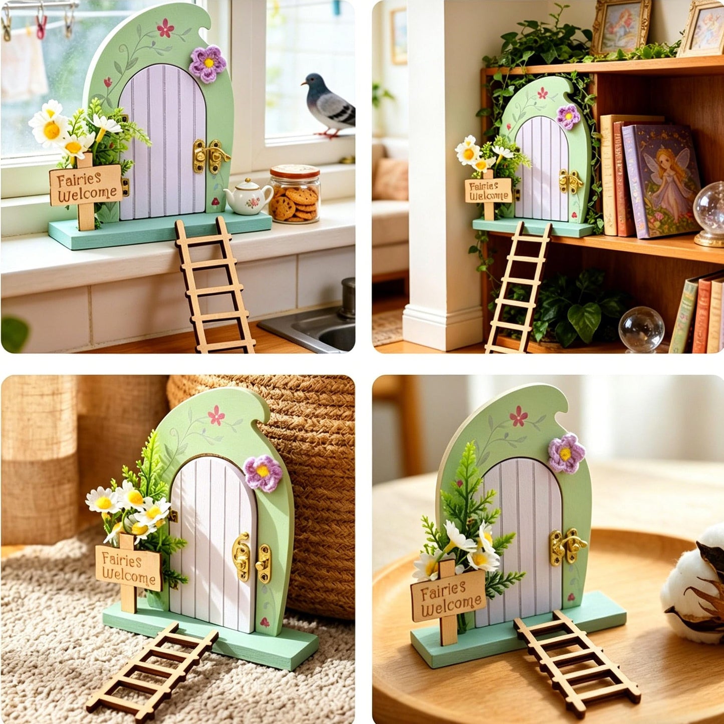 Fairy Door Kit that Opens with Mystery Fairy Figurine and Light-up Street Lamp for Desktop Garden, Opening Wooden Tooth Fairy Door for Wall Miniature Fairy Garden Set 29 Pcs