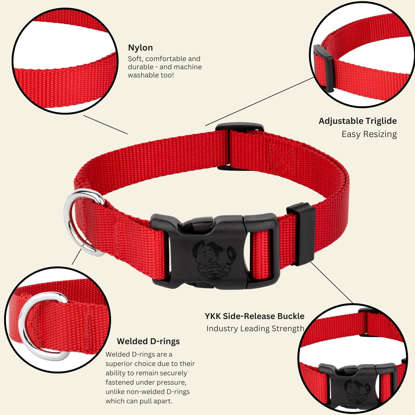Country Brook Petz - American-Made Dog Collar for Large, Medium, and Small Dogs and Puppies - Deluxe Heavy Duty Nylon in 33 Dazzling Colors (Large, 1 Inch Wide, Bright Red)