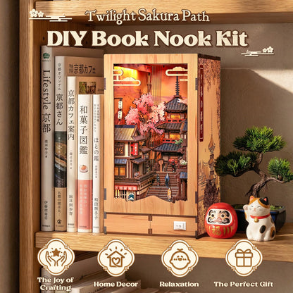 CUTEBEE Book Nook Kit – DIY Miniature House Diorama Kit for Adults, Japanese Kyoto Street Booknook Twilight Sakura Path, 3D Wooden Puzzle Bookshelf Insert, Fold-Out Dollhouse Decor Gift