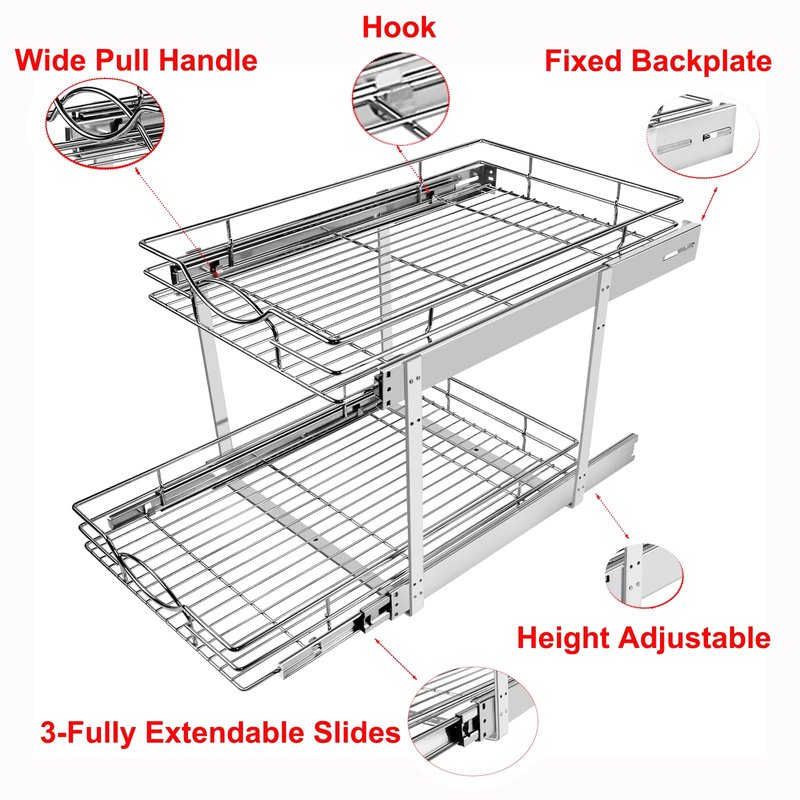 Sikarou Pull Out Cabinet Organizer 14" W x 21" D 2-Tier Individual Slide Out Drawer Pantry Shelf Storage for Kitchen Base Cabinet Organization for Kitchen, Bathroom, Pantry, Chrome
