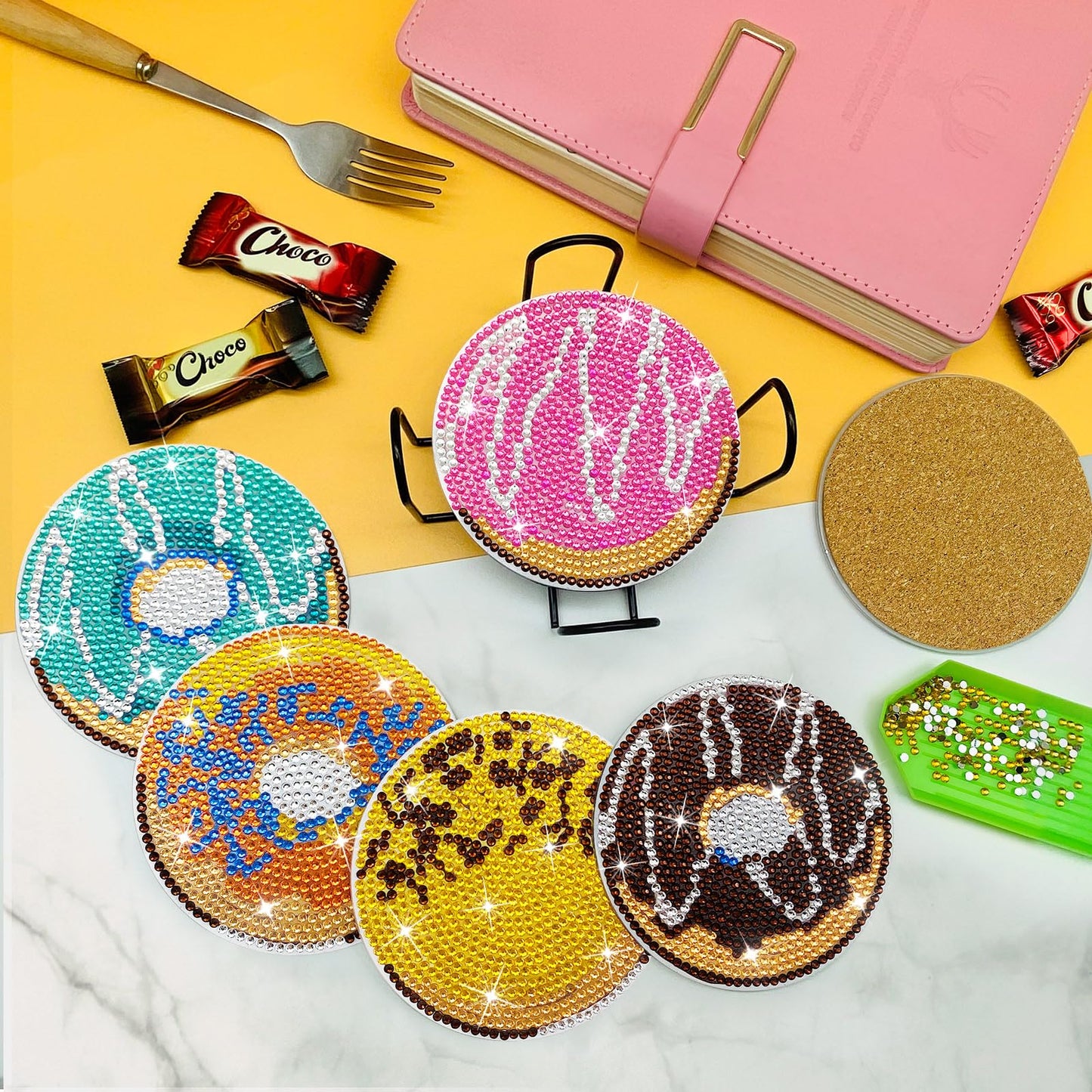 FILASLFT Diamond Painting Coasters Kit,DIY Diamond Painting Coasters Kit,8 Pcs Doughnuts Diamond Art Coasters with Holder Diamond Arts Crafts for Gifts.
