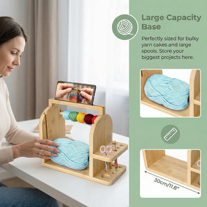 Wooden Yarn Holder with Phone Stand & Handy Tool Slot – Portable Yarn Spinner and Detachable Organizer Box for Crocheting, Knitting Projects and Yarn Storage