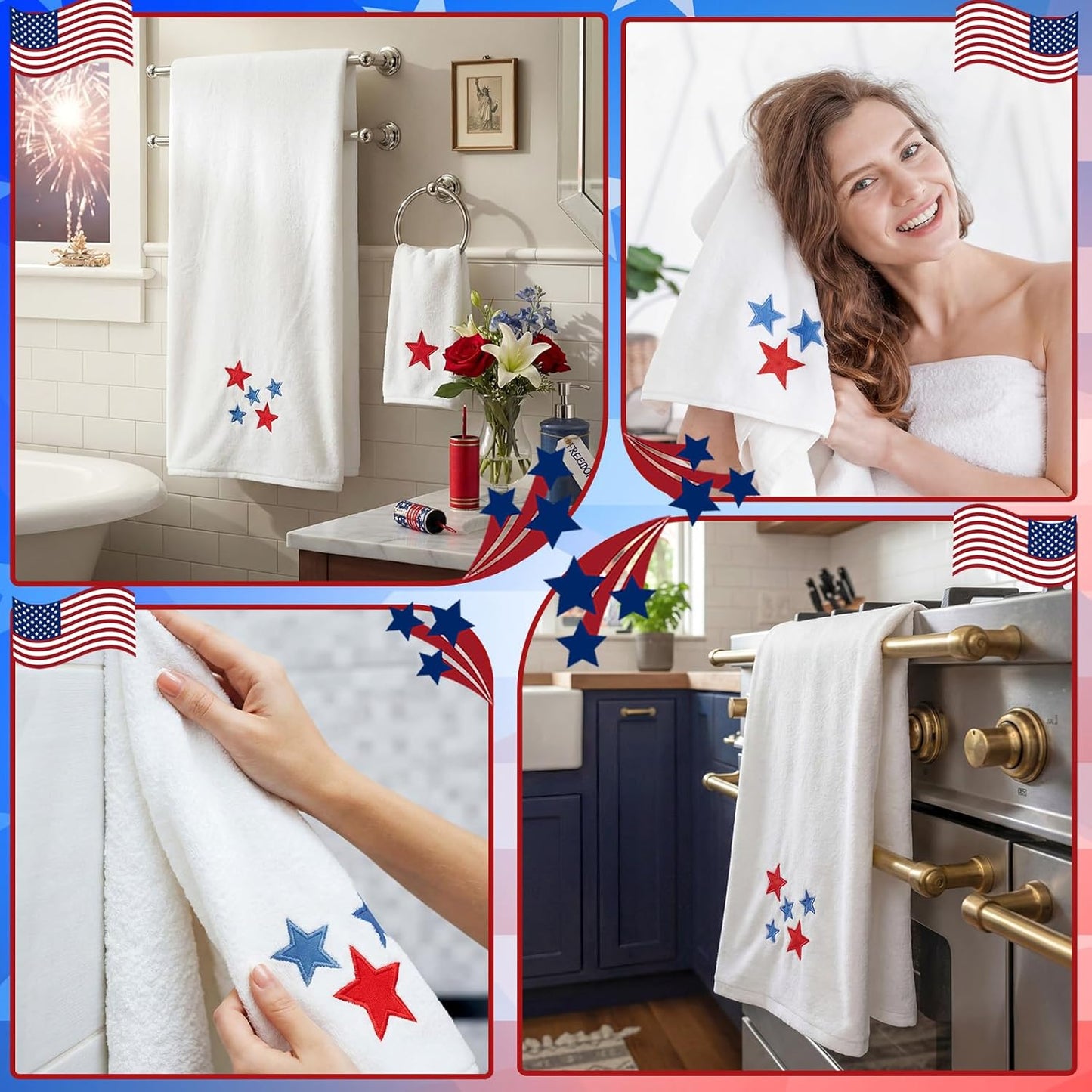 6 4th Set 250th Peryiter Pcs of July Bath Towels Anniversary Stars Embroidered Cotton Bathroom Decors Stars Hand Towels