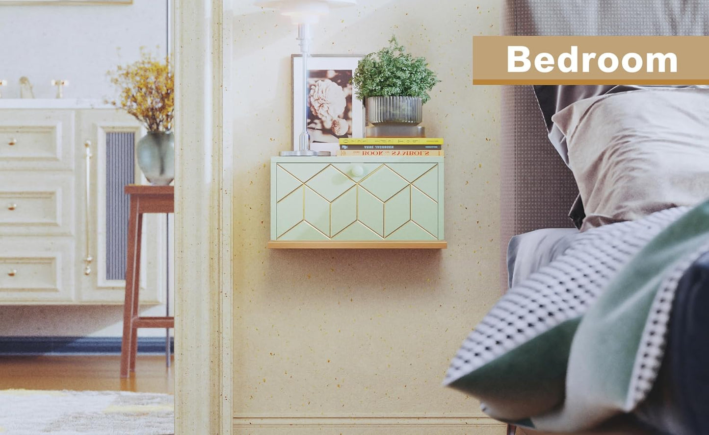 Modern Green Floating Nightstand with Flap Door - Compact Wall-Mounted Design