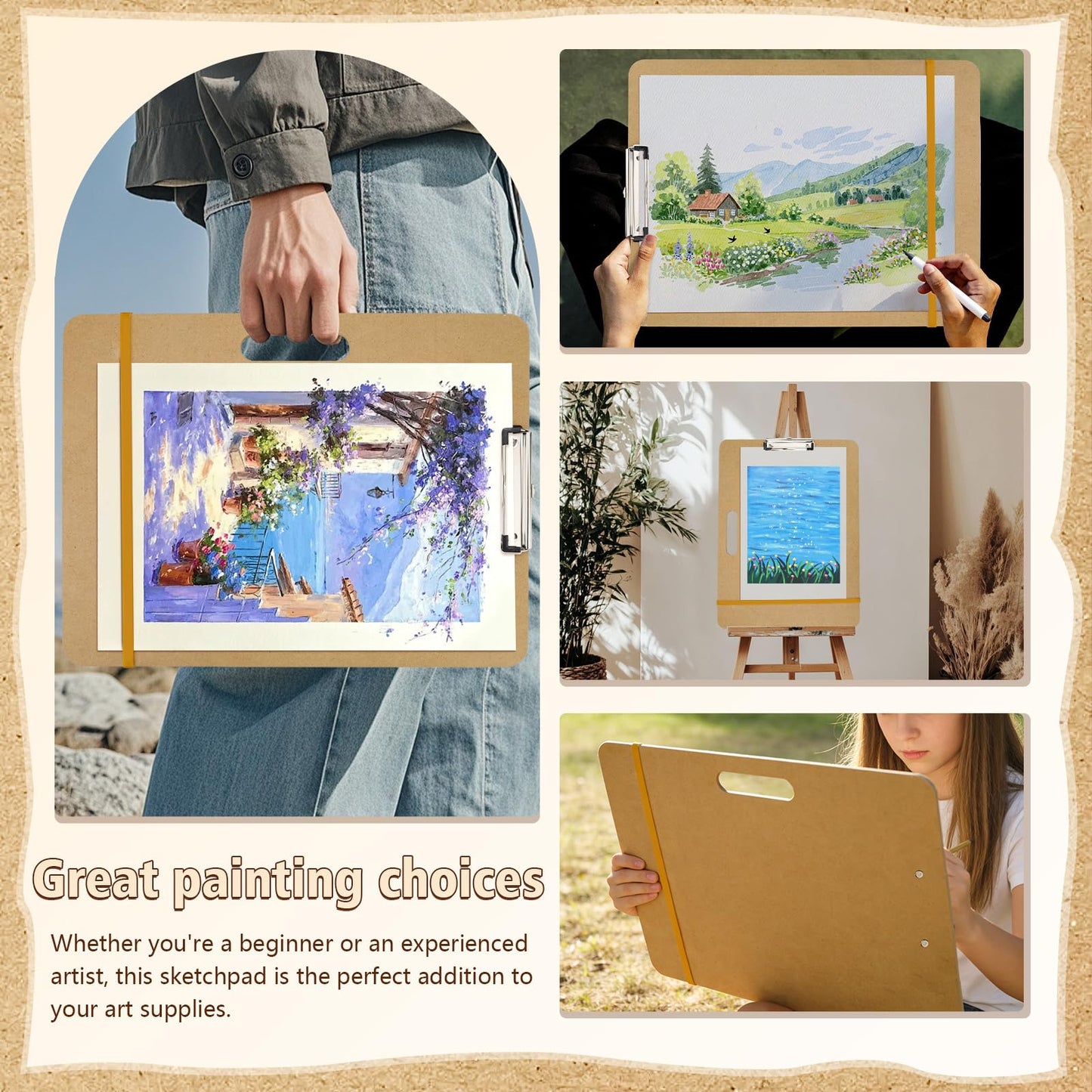2PCS Wooden Sketching Boards, 13×17in Portable Art Painting Clipboards with Stainless Steel Clips and Elastic Straps, Drawing Supplies for Outdoor Sketching and Studio Use
