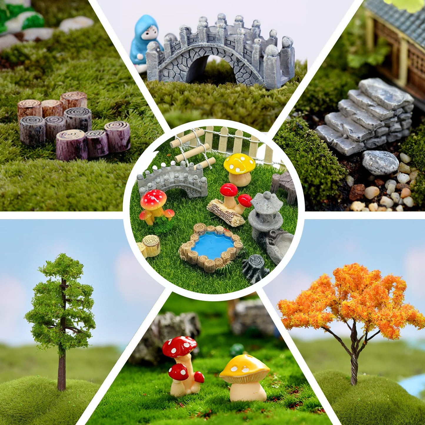 Julang 23 Pcs Fairy Garden Miniatures Jumping Spider Enclosure Accessories, Mini Bridge Fence Pond Street Lamps Mushroom Lawn Figurines Garden Decorations for Jumping Spider Habitat