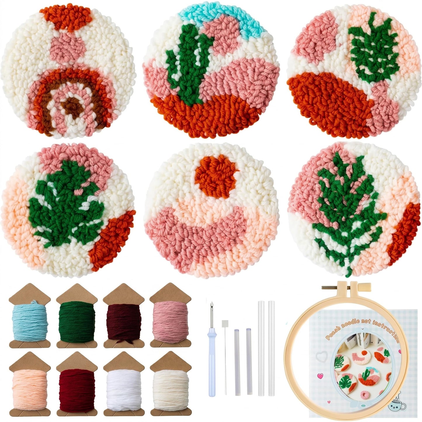 Avtytsda 6PCS Punch Needle Coaster Kit,Easy Punch Needle DIY Embroidery Set with Tools, Yarns, Hoop, Instructions Easy for Beginners, Kids, Adults, Handmade Gift and Decoration (Pink)