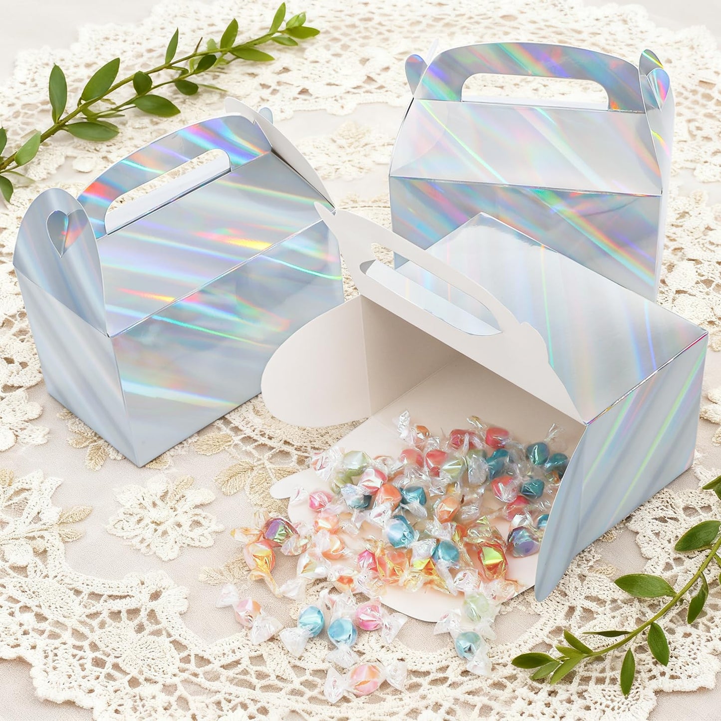 ZAVOOS 50 Pack Party Favor Boxes, 6.3 x 3.7 x 3.7 Inch Iridescent Candy Gable Boxes with Handle, Paper Goodie Gift Box Snack Cookies Containers bulk for Christmas, Wedding, Birthday