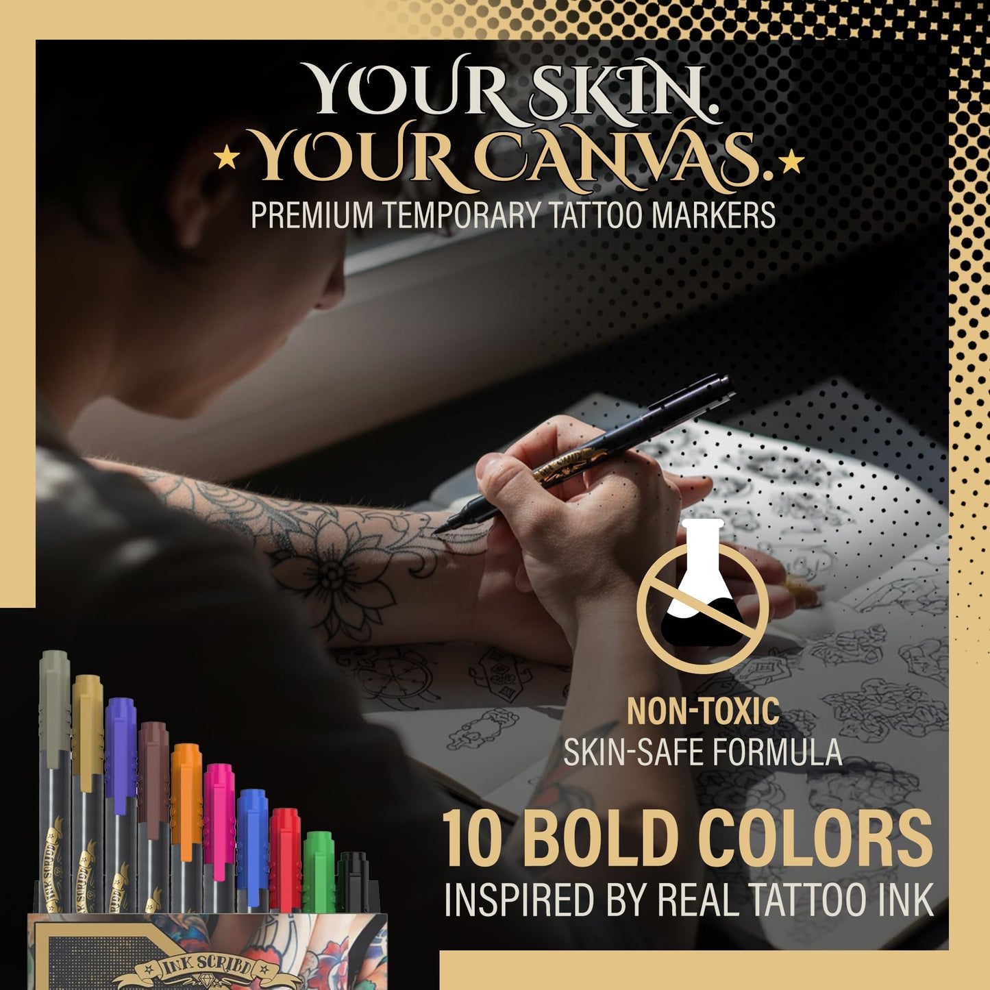 Tattoo Pen Kit for Skin – 10 Temporary Tattoo Markers with Dual Tips & 20 Stencils, Body-Safe Ink for Face, Hands & Arms – Fun Body Art Pens for Kids, Teens, Parties, Festivals & Costume Design
