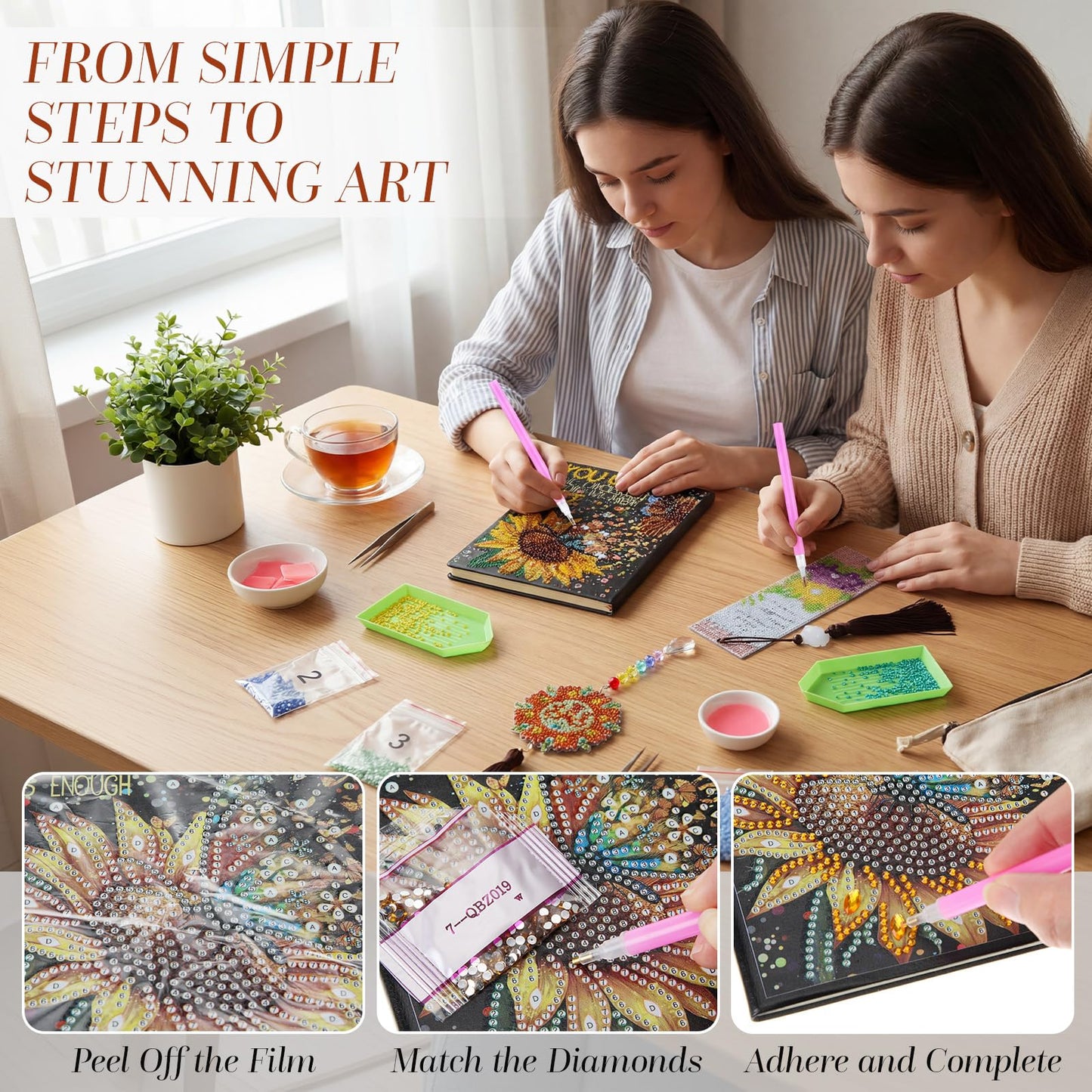 ForraFun Diamond Art Notebook for Adults Diamond Painting Journals Notebooks 5d DIY Diamonds Notebook Painting Kit with Diamonds Ballpoint DIY Bookmark & Wind Chime for Crafts Gift(Sunflower)