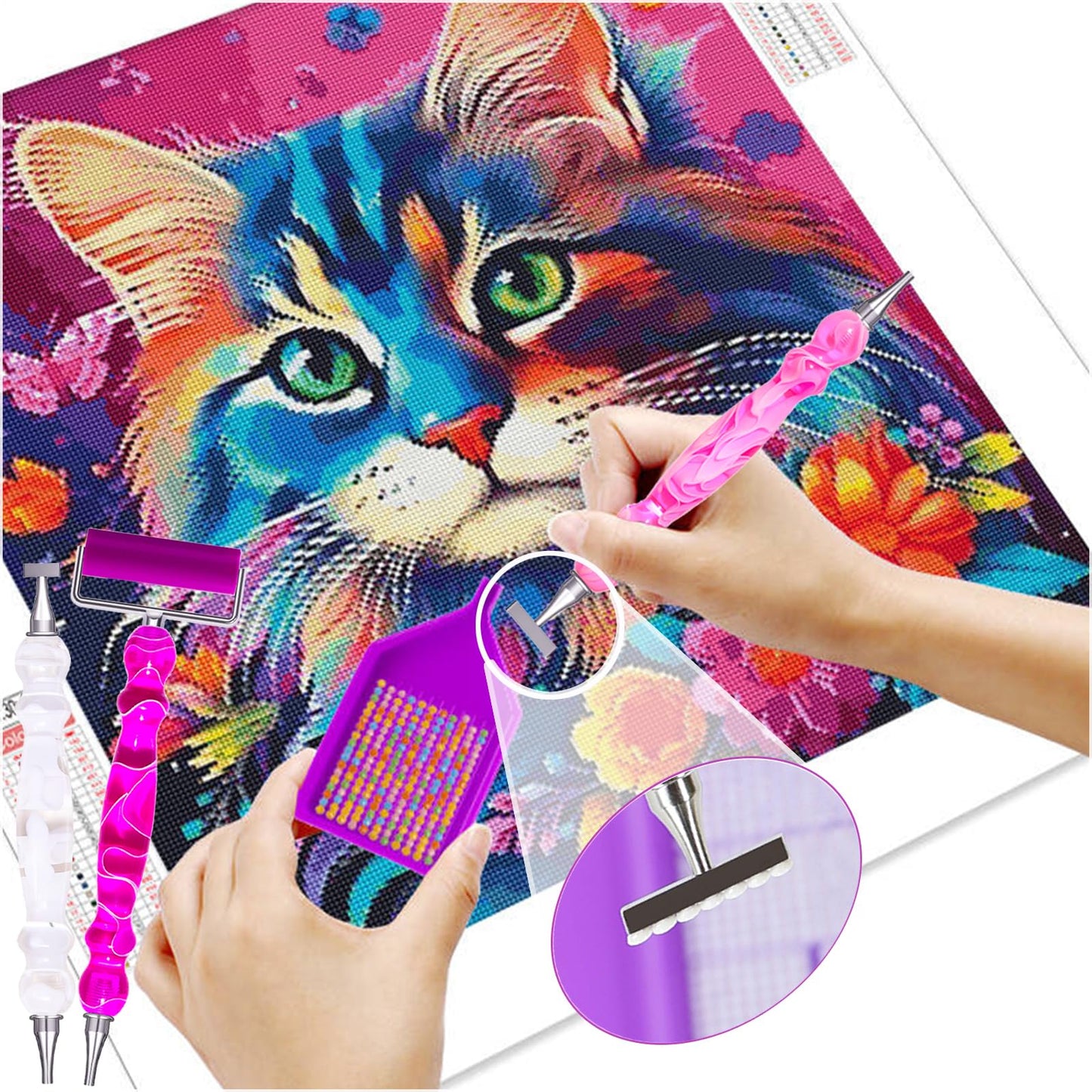 ZYNYXY 17PCS Ergonomic Diamond Art Pen Kits, with Multifunctional Metal Stainless Steel Screw Thin 1, 3, 6, 9, Tips, Correction Placers Roller Accessories (Purple + Pink + White + 5 PCS Tips)