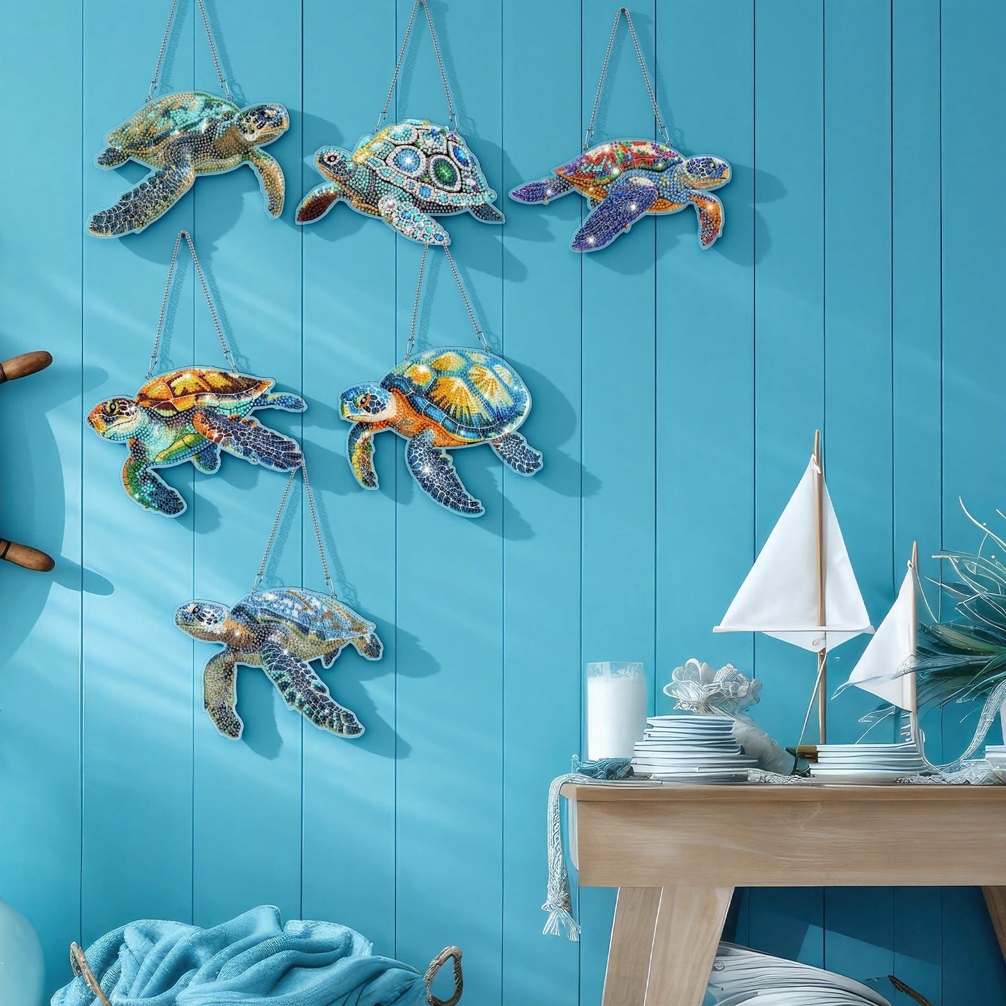 Xuhal 6 Pcs Sea Turtle Special Shape Diamond Art Kits for Adults 5D Diamond Painting Kits for Beginner DIY Hanging Pendant Ornament Crystal Paint Arts and Crafts Set for Home Wall Decor