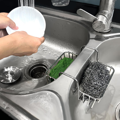 BuleVina Stainless Steel Sponge Holder for Kitchen Sink - Never Rust Hanging Saddle Double for Soap Kitchen Sink Caddy 2.2 inch, Rustproof Organizer for Dishwashing and Brush Drying