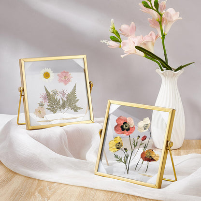 GLASSWINDS 4Pcs Pressed Flower Frame, Double Glass Frame for Pressed Flowers Handmade, 6x6 Inches Clear Glass Picture Frames, Gold Floating Frames for Press Flower Tabletop Display DIY Birthday Gift
