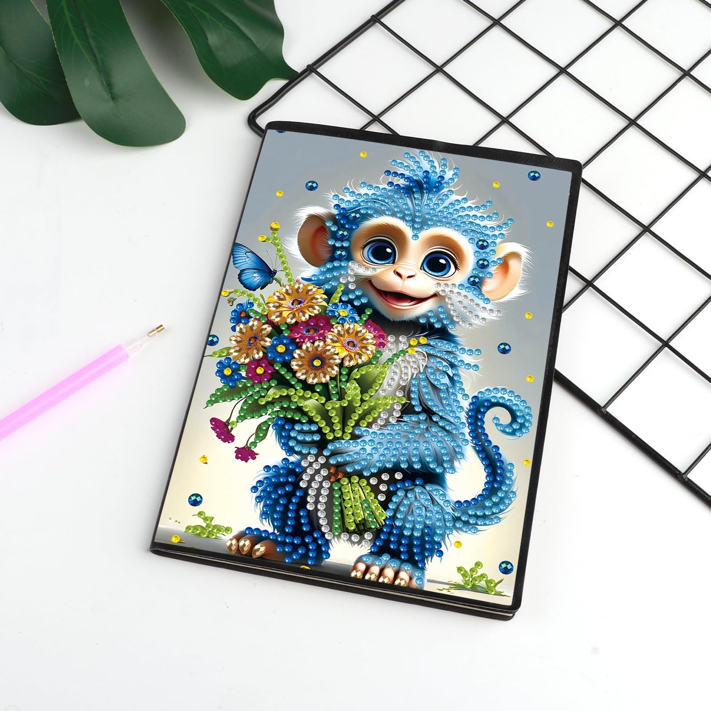 JISHSHAY Diamond Painting Notebook Journal Monkey Diamond Art Note Book Animal Gem Art Sketchbook Mosaic Kits for Adults Diary Gem Painting Leather Journal with Special Shaped Drills 5.7×8.26in