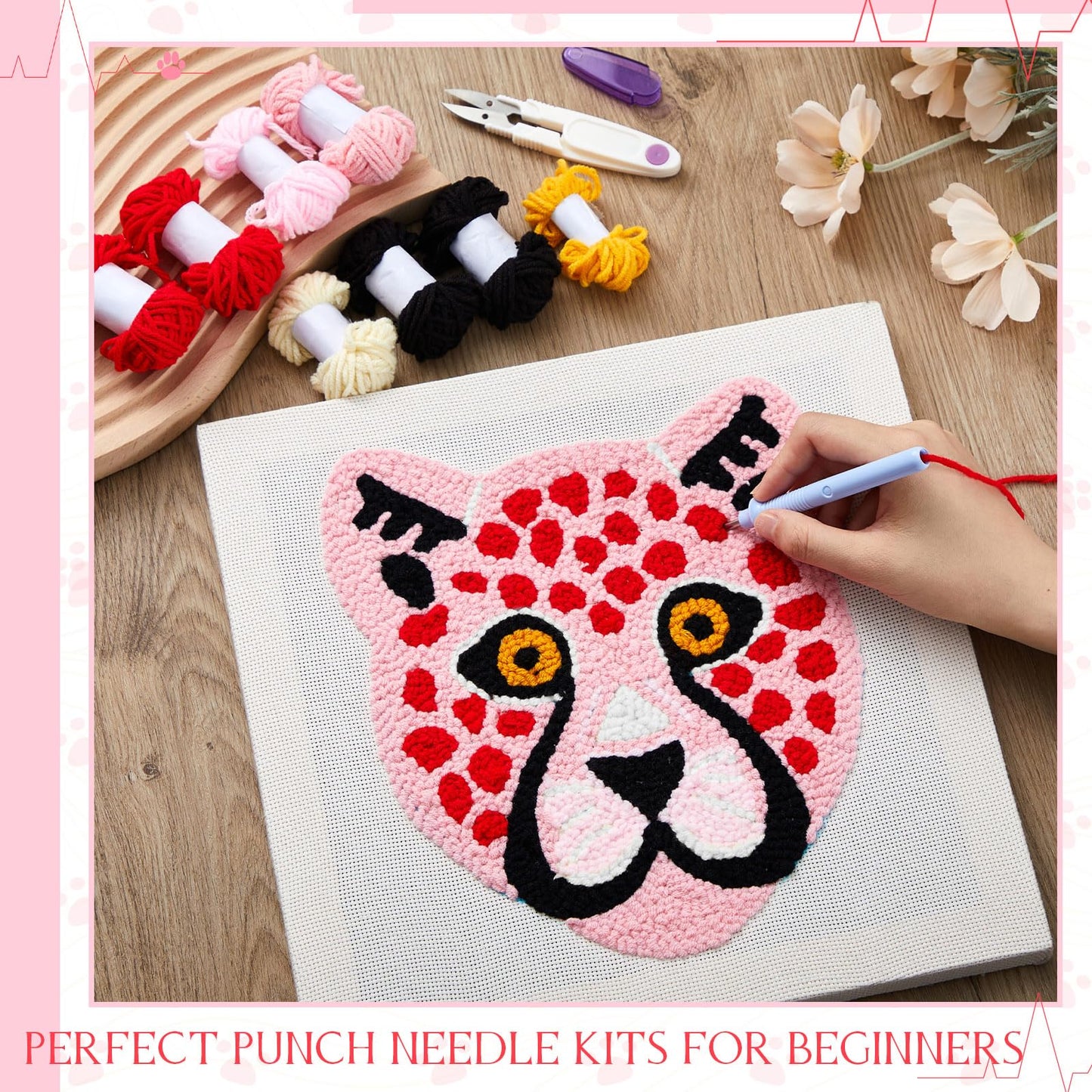 Preboun Leopard Punch Needle Kit, Punch Needle Embroidery Kit for Beginners Adults, 11.8''x11.8'' Punch Needle Set Including Yarns Tools, DIY Punch Needle Kit for Wall Decorations and Seat Cushions