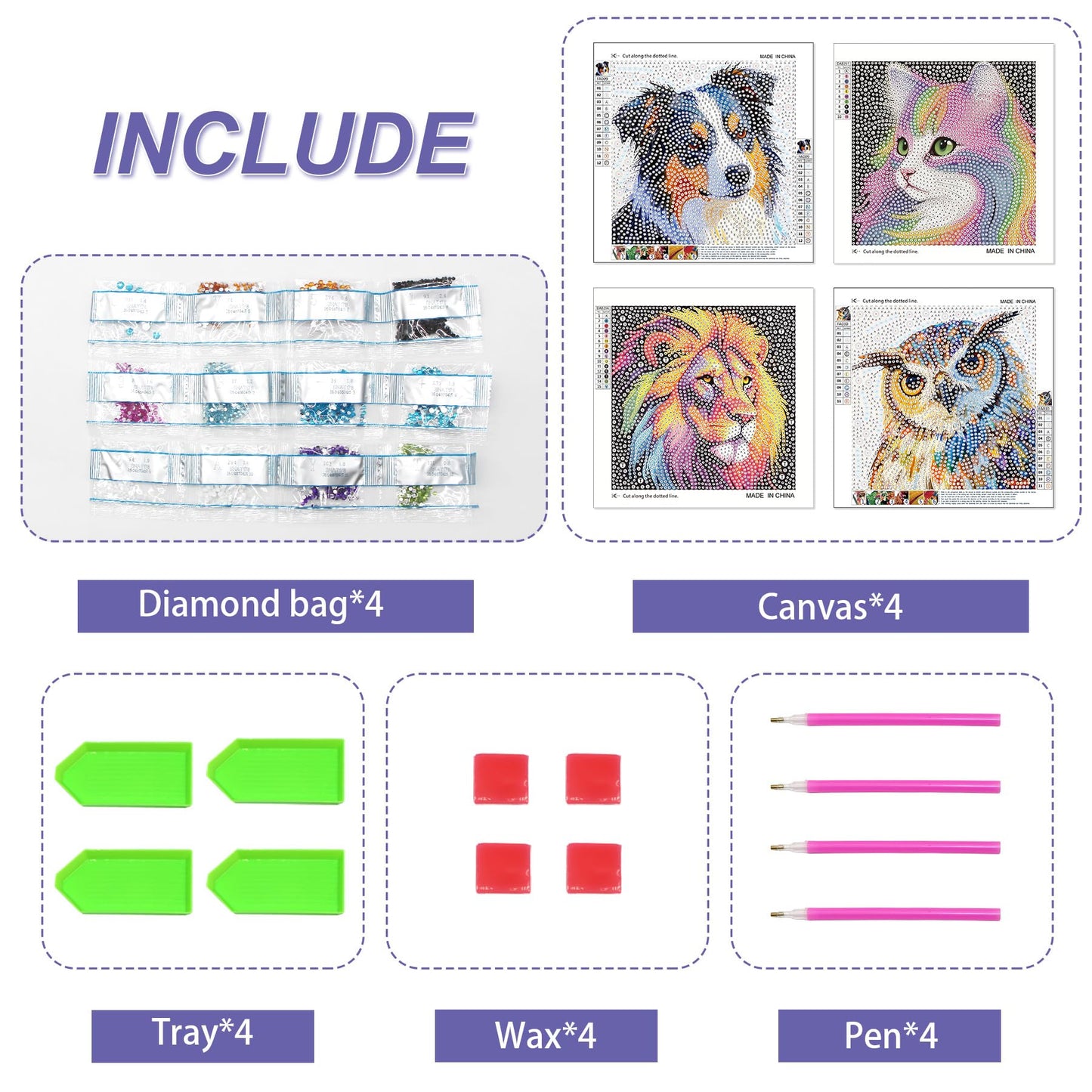 lesaonsy Diamond Art Kits for Kids, 4 Pack Set Diamond Painting Kits for Boys & Girls, Gem Art DIY Craft (Cat Dog Lion Owl)