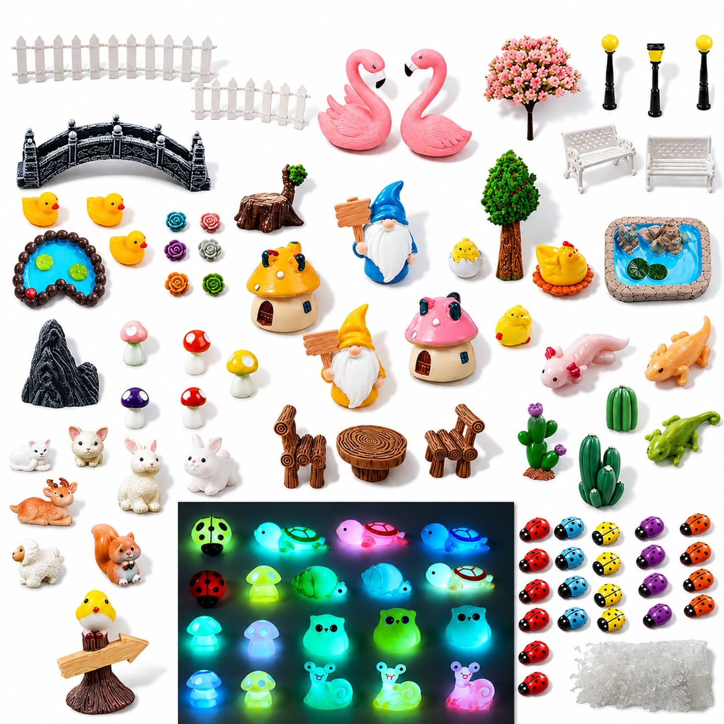 YSUNZIA 100PCS Mini Fairy Garden Accessories, Miniature Fairy Garden Kit w/Glow in The Dark Animals, Gnomes, Mushroom, Micro Landscape Ornaments, DIY Dollhouse Crafts, Outdoor/Indoor Plant Decor