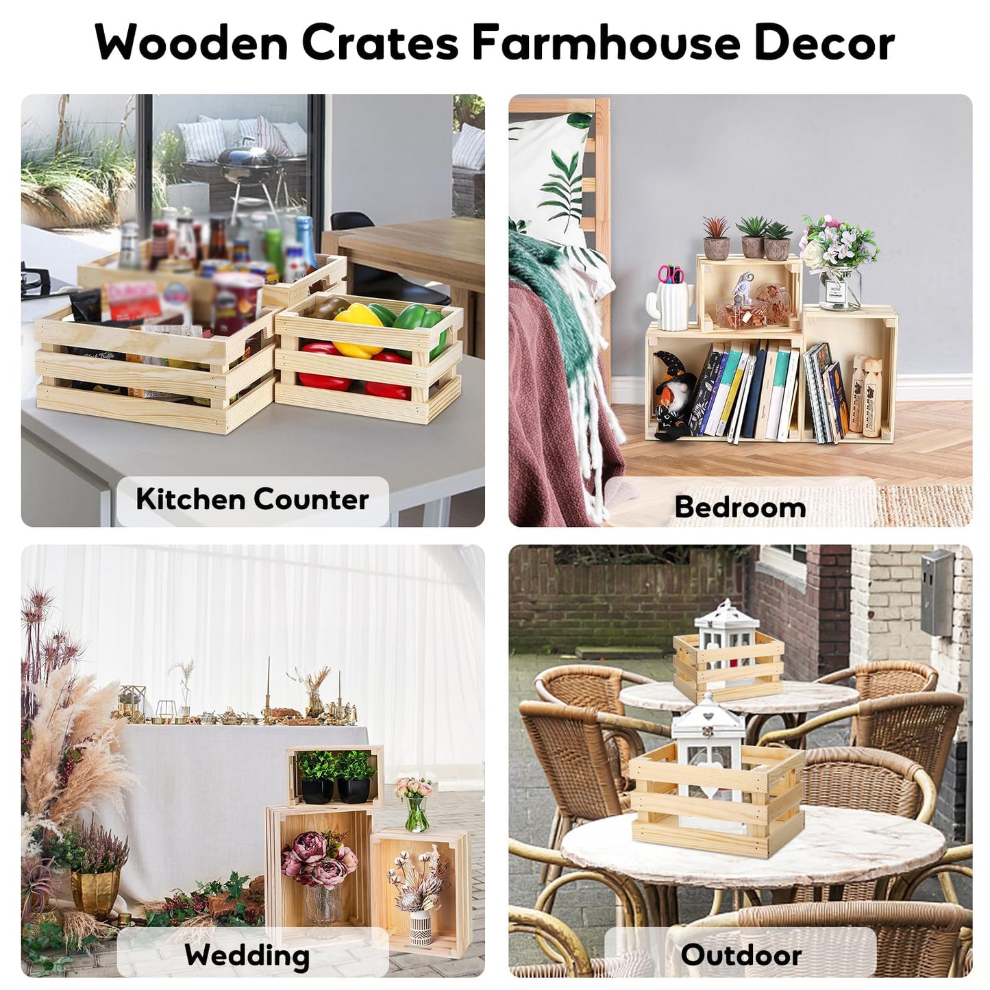 Youeon Set of 3 Rustic Wooden Nesting Crates with Handles, Decorative Wooden Crates, Crate Box Wooden Storage Box for Kitchen, Office, Bedroom, Closet, Rustic Country Decor