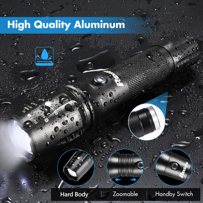 PHIXTON Rechargeable Flashlights High Lumens, USB C Chargeable LED Flashlight, Bright Strong Handheld Flash Lights, Long Lasting, Adjustable Focus, 5 Modes, for Emergencies Hiking Gift