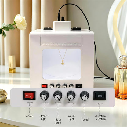 QIUNAOZI Adjustable Turntable Premium Photo Studio, Professional Jewelry Photography Light Box Kit, Hanging Bracket, 4pcs Fill Lights, Adjustable Brightness, for Jewelry, Small Items White-TB30