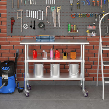 AmGood Stainless Steel Work Table with 2 Shelves with Casters | Metal Utility Table | Commercial & Residential NSF Utility Table (Stainless Steel Table with 2 Shelves, 48'' Long x 18'' Deep)