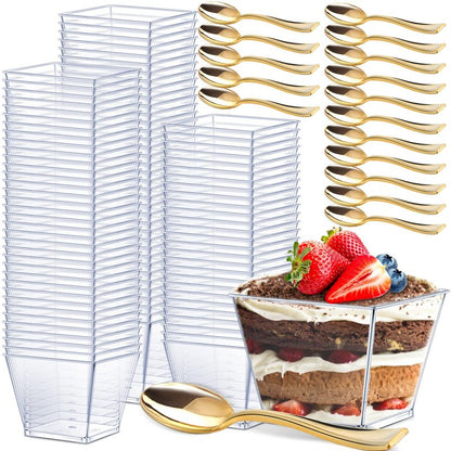 Dingion 400 Pcs 4 oz Plastic Dessert Cup with Spoon Set - 200 Square Mousses Cup & 200 Gold Glitter Tasting Spoons for Parfait Appetizer Ice Cream Wedding Party Catering