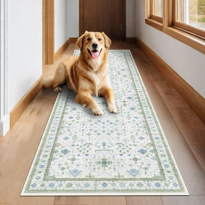 Hazo Haus Oushak 3x20 Wide Hallway Runner Rug - Vintage Turkish Floral Design | Washable, Non-Slip, 20ft Long in Blue and Green