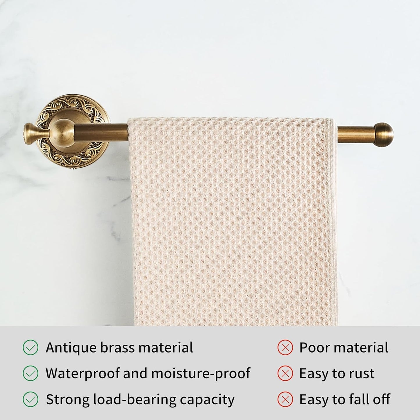 Antique Bronze Brass Hand Towel Bar, Rustproof Wall Mounted Towel Rack Hanger with Pattern Carving Design