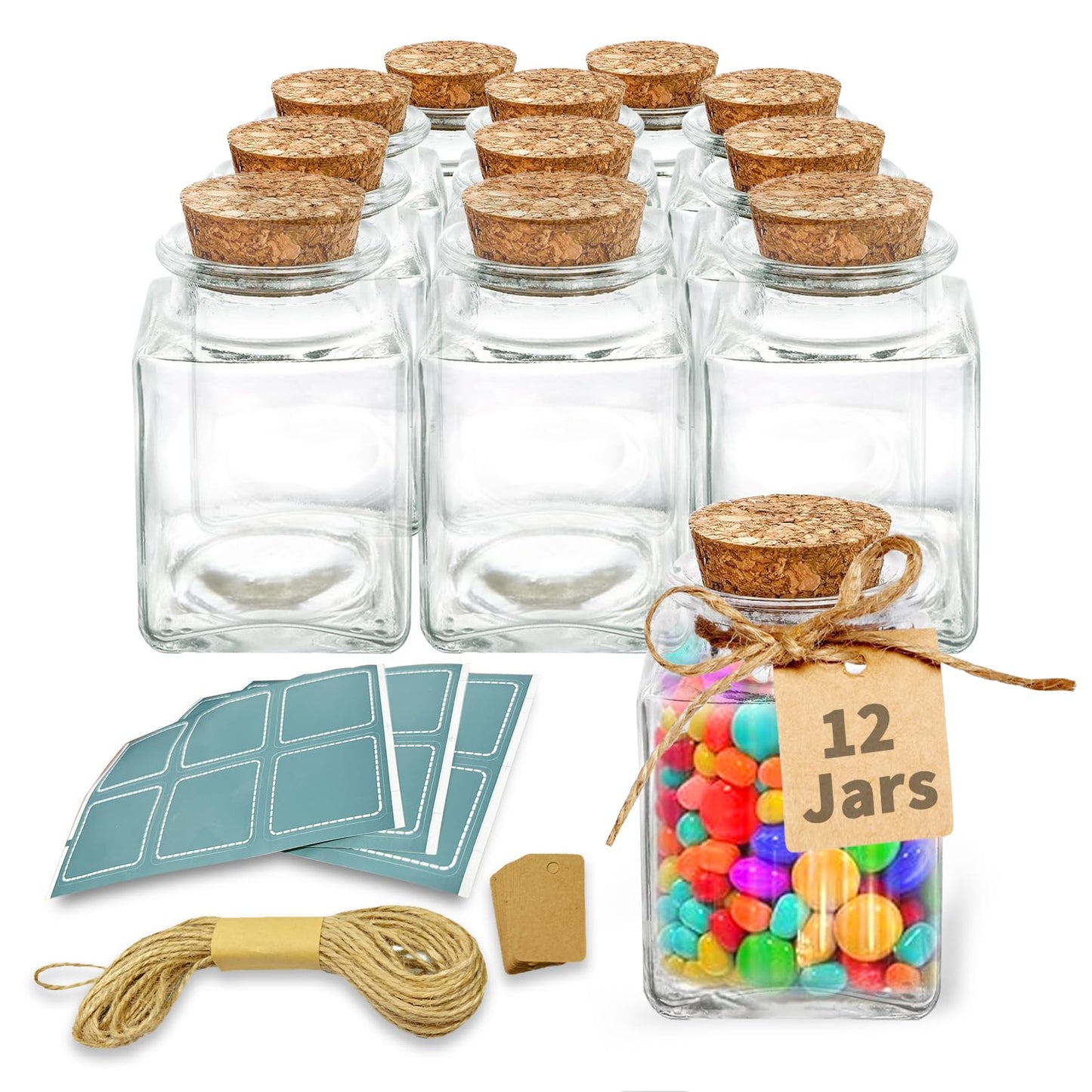 ELAORY 12 Pack Small Glass Jars With Lids, 3.4 oz Mini Bottles With Cork, Twine and Labels for Favors, DIY Crafts, Candy, Potion