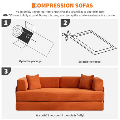 IDEALHOUSE Convertible Sofa Bed 5-in-1, 78.8 Inch Folding Futon Couch with Pull Out Bed, Corduroy Upholstered No-Assembly Loveseat Sleeper for Living Room, Bedroom, Lounge, Orange