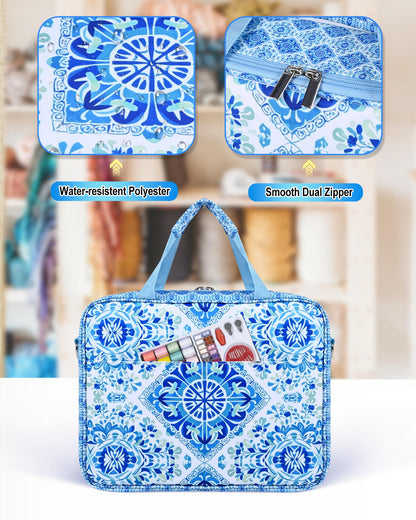 Telawsfun Sewing Supply Storage Bag with Removable Binder, Large Capacity Sewing Organizer Tote With Multi Pocket for Threads, Needles, Scissors, Craft Supplies(Blue Floral)