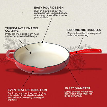 Segretto Cookware Enameled Cast Iron Skillet, 10.25-IN Rosso (Gradient Red) Enamel Skillet Pan, No Seasoning Required and Cast Iron Frying Pan
