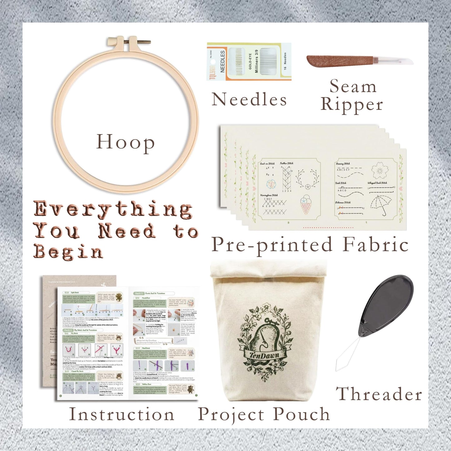 TenDawn Beginner Embroidery Stitch Book with Fabric Pages, 32 Essential Stitches in Structured Learning Order for Adults, DIY Sewing Kit with Floral Motifs, Practice Patterns
