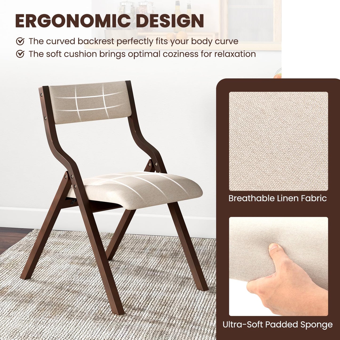 Giantex Folding Dining Chairs Set of 4, No Assembly Folding Chairs w/Linen Padded Seats, Wood Foldable Kitchen Chairs, Easy to Store Extra Event Chairs, Padded Folding Chair for Wedding Guests Party
