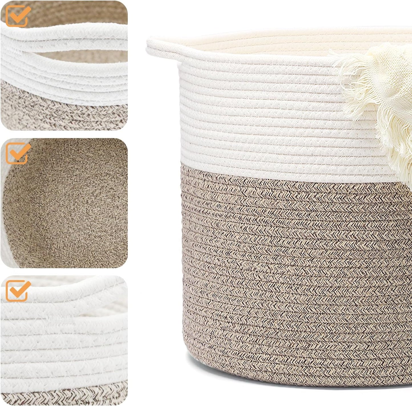 Laundry Hamper, Pure Cotton Rope Woven Basket for Dirty Clothes, 15.5 * 13.5 inches-40L White & Brown Mixed