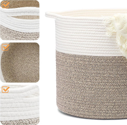 Laundry Hamper, Pure Cotton Rope Woven Basket for Dirty Clothes, 15.5 * 13.5 inches-40L White & Brown Mixed