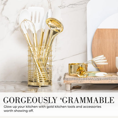 Styled Settings White and Gold Kitchen Utensils Set - 15-Piece BPA free, Non-Scratch, Utensils Set Includes White Silicone Cooking Utensils and Measuring Cups and Spoons