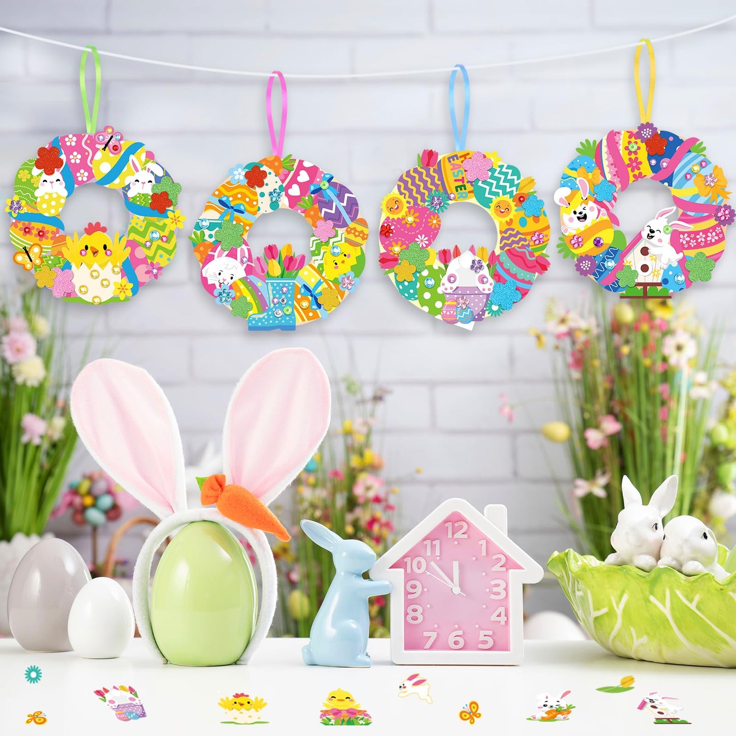 Hollowfly 48 Sets Easter Wreath Craft Kits DIY Wreath Hanging Ornaments Make Your Own Paper Craft with Stickers for Home Party Activities