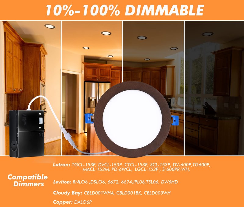 Cloudy Bay 6 inch 3000K/ 4000K/ 5000K Three Color Temperature Selectable,Dimmable 15W CRI90+,Ultra Thin LED Recessed Light with Junction Box,IC Rated, Canless Wafer Downlight, Oil Rubbed Bronze,6 Pack