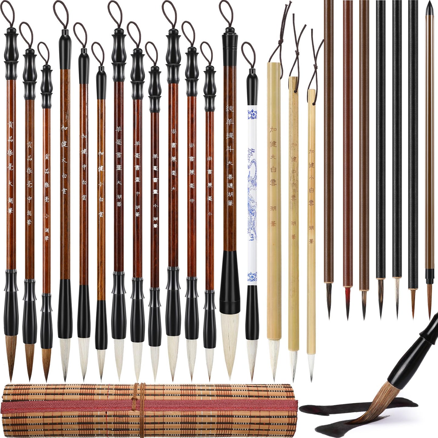Resurhang 24 Pcs Chinese Calligraphy Brush Set Watercolor Brushes Bulk with Roll up Bamboo Brush Holder Writing Drawing Brushes for Kanji, Japanese Sumi, Drawing, Writing, Painting, Art Supplies