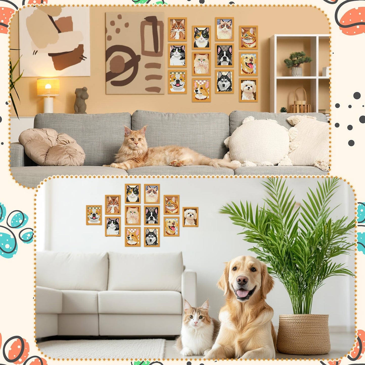 Saillong 24 Pcs Small Diamond Painting Kits Set Mini Diamond Art Set for Beginners, Full Paint Art 1-Hour Painting for Home Decor Desktop, 5.12x3.94 Inches(Cat and Dog)