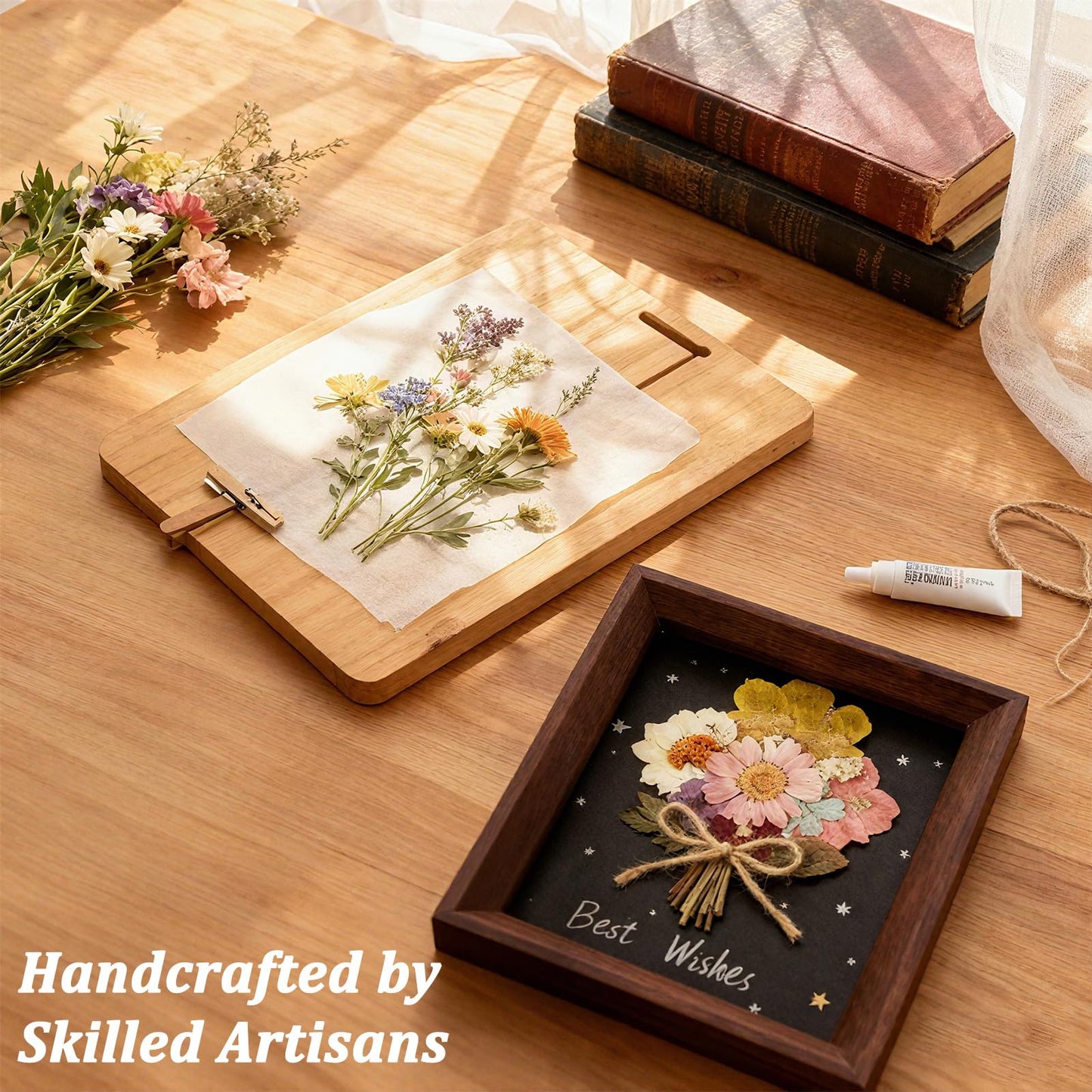 5x5'' Natural Flower Bouquet Frame - Handmade Pressed Flower Art Frame, Home Decor Walnut Wood Shadow Box Gift for Tabletop & Wall Art Decor, Dried Floral Artwork Gift for Anniversary, Valentine's Day