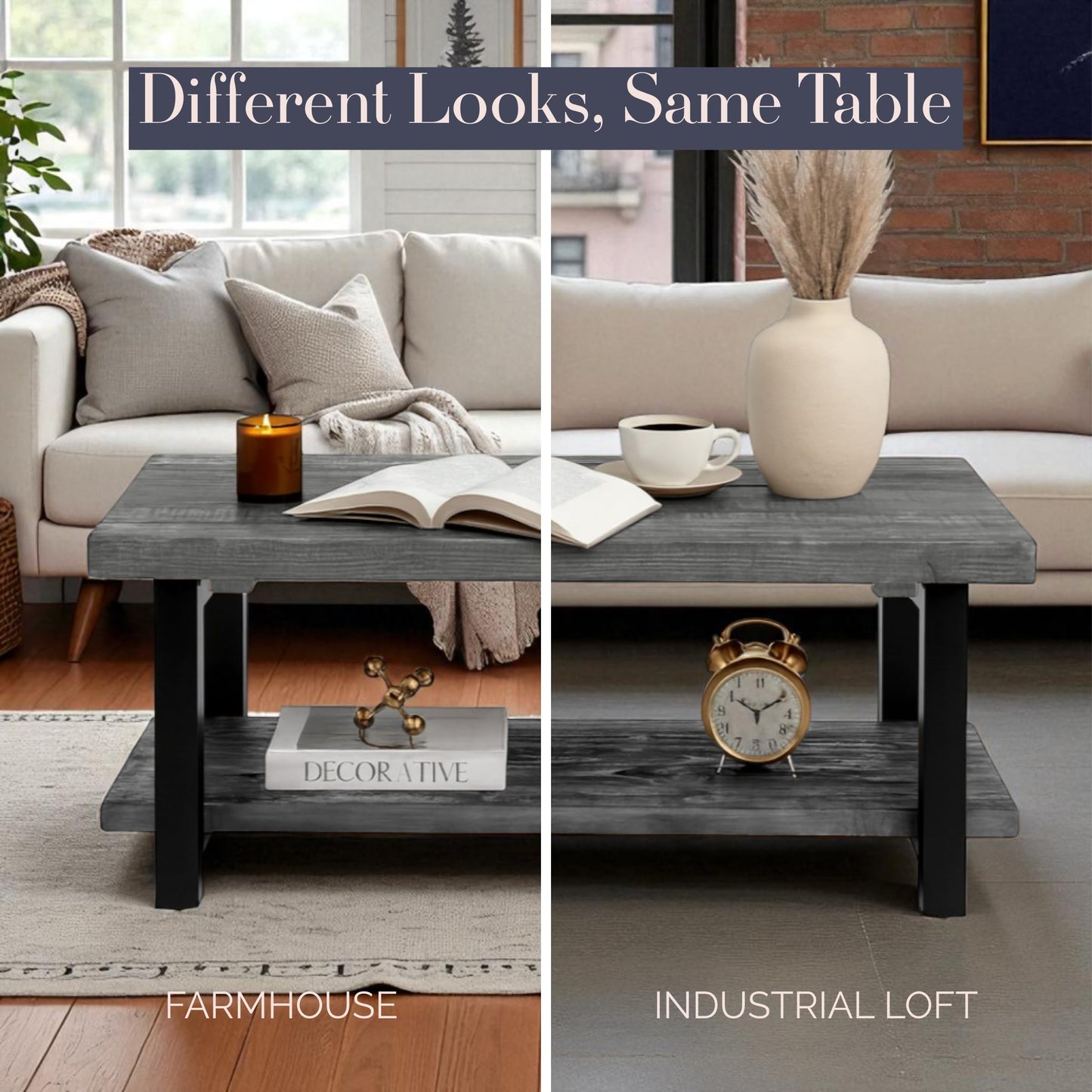 Alaterre Furniture Pomona Living Room 42 Inch Rectangular Solid Wood Coffee Table with Storage Shelf & Metal Legs – Modern Rustic Industrial Living Room Table (Slate Grey)