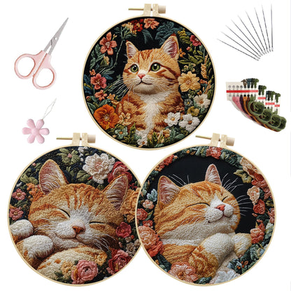 LB Orange Cat Embroidery Kit for Beginners Adults, 3 Sets Hand Embroidery Starter Kit with Floral Pattern and Instructions Stamped Cross Stitch Kits Include Embroidery Hoop Needles Threads Scissors