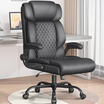 Office Chair-Executive High Back Breathable Comfy Desk Chair with Flip-up Armrests Lumbar Support-Ergonomic Leather Rolling Swivel Chair with Rock Function for Working,2 Pack
