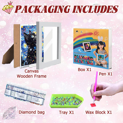 ICYANART Cat Diamond Art Kits for Kids with Frame, Cat Kids Diamond Art Painting Kit for Ages 6-8-12, DIY Gem Art for Girls,Boys, Beginners for Gifts Home Wall Decor 8x9inch
