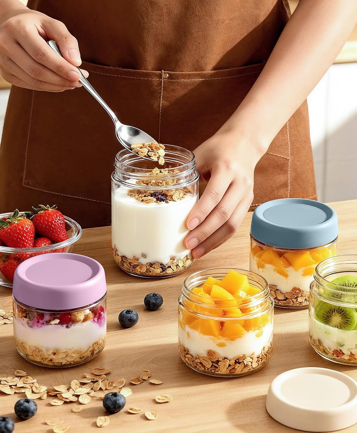 6 pack 10 oz Overnight Oats Containers with Lids and Spoons Glass Jars with Airtight Lids: Wide Mouth Mason Salad Jars